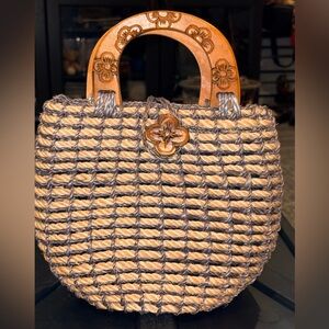 *Handcrafted Woven Tote with Floral Handle